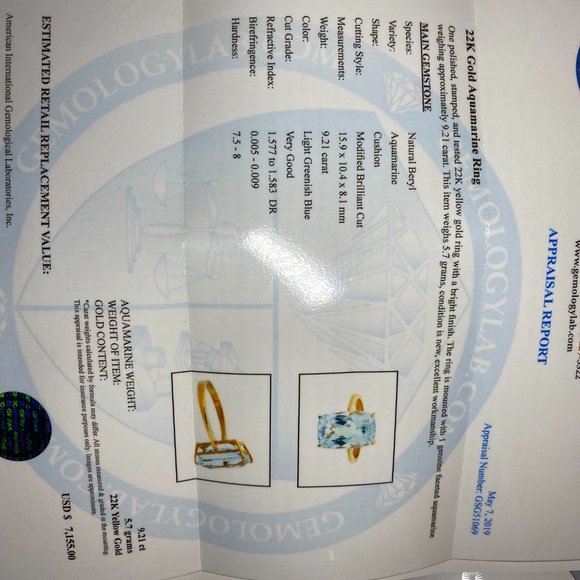 Certified Aquamarine 9.21ct Solid 22K Gold Ring - Picture 8 of 8